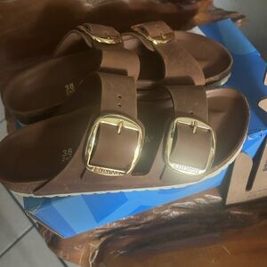 New Birkenstock ARIZONA birkibuc Leather $139.95 size 7 (38) brown/ stone gray